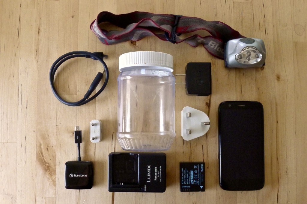 Except for the headlamp, phone, and camera, the electronics fit in a small peanut butter jar.