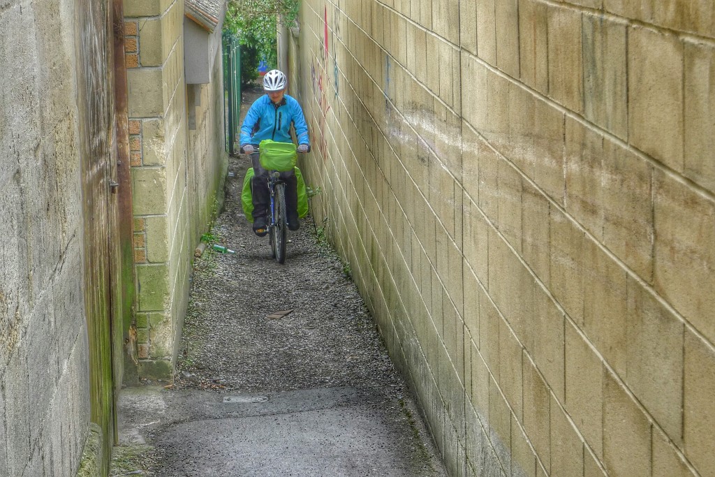 Trail construction diverted is to through this narrow alley in Bath.