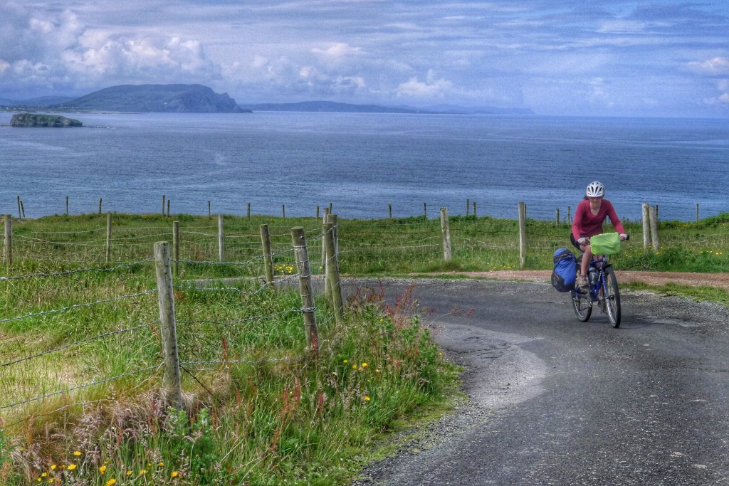 Carrie round a corner with the northern coast behind her as we rode along the Malin Head.