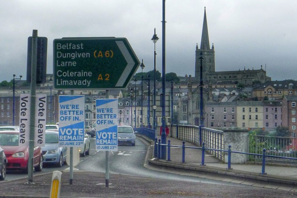 The leave and remain campaign signs were posted at every major intersection.
