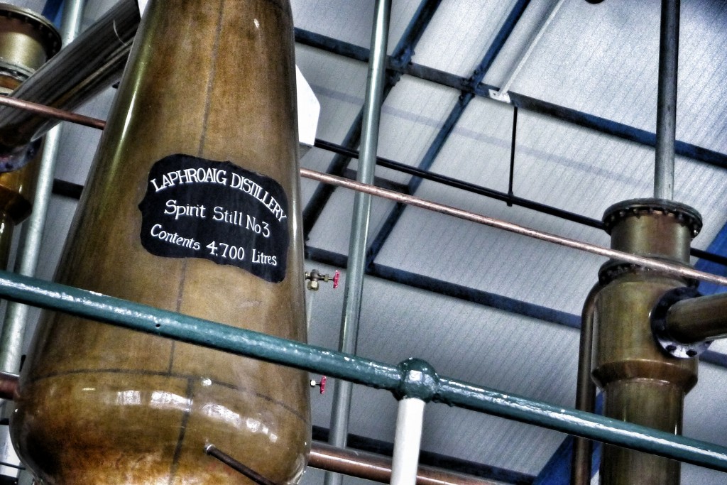 One of the five stills at Laphroaig. It was nice and warm in here, a good place to work on this chilly island.