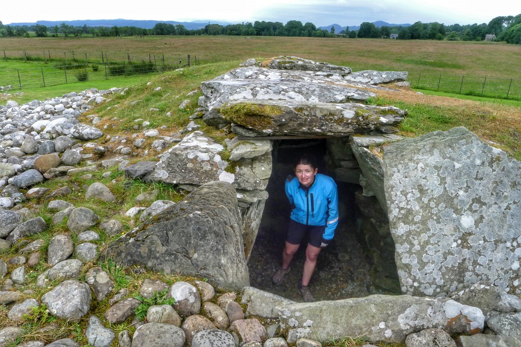 Carrie emerges from a 5000 year old tomb in an area south of Glen Coe that was littered with ancient artefacts.