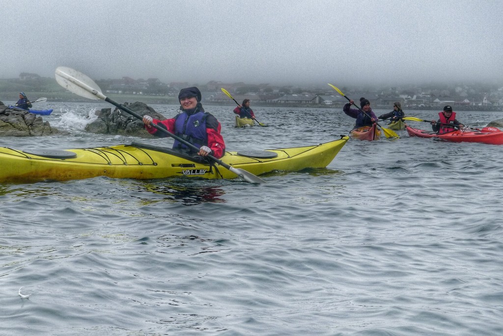 Carrie gets her kayak on in normal Shetland summer weather.