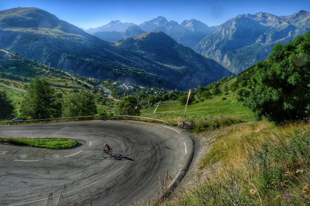 Carrie rides around turn 2, 3km from the top of L'Alpe d'Huez.