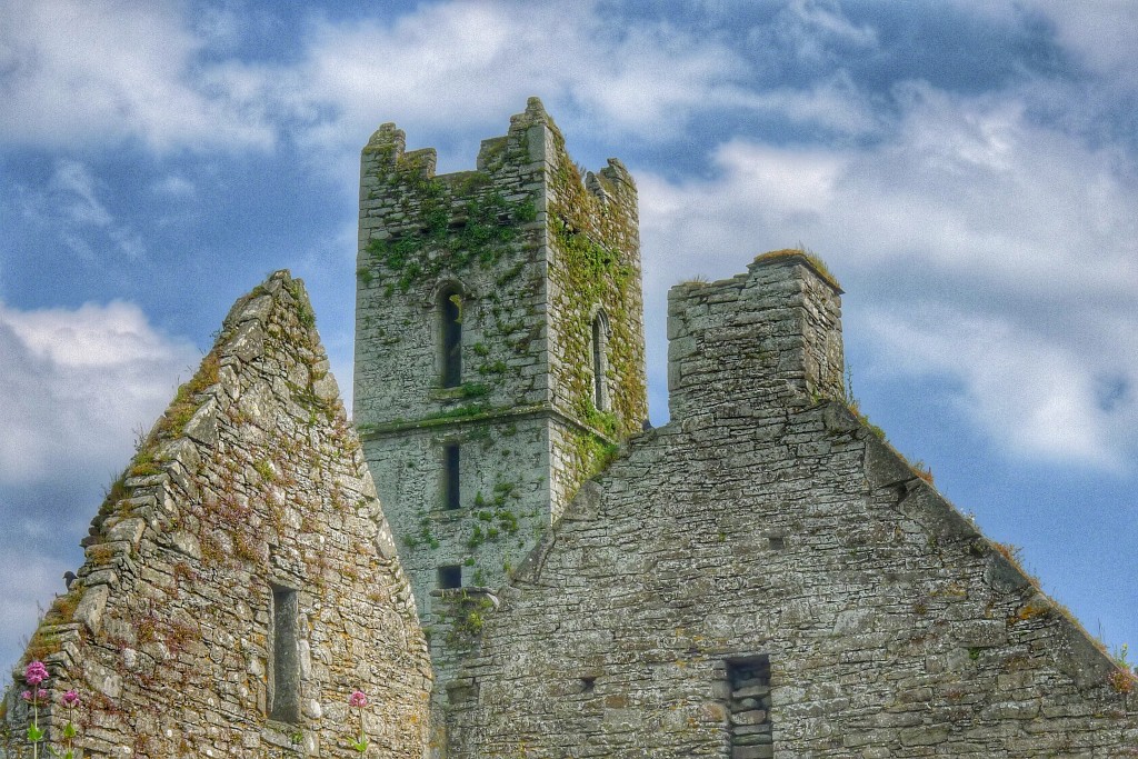 The Timoleague Abbey's tower with some smaller sections of the building in the foreground.