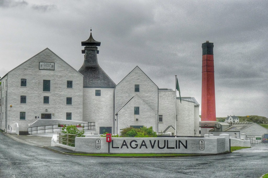 The Lagavulin distillery sits in a pretty harbor.